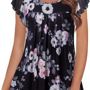 Women's Short Sleeve Tunic Shirt Pleated Mesh Blouses Summer Floral Tops